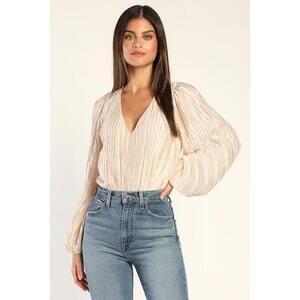 Lulus Plisse-ing Sight Cream Plisse Balloon Sleeve Bodysuit White - Size L